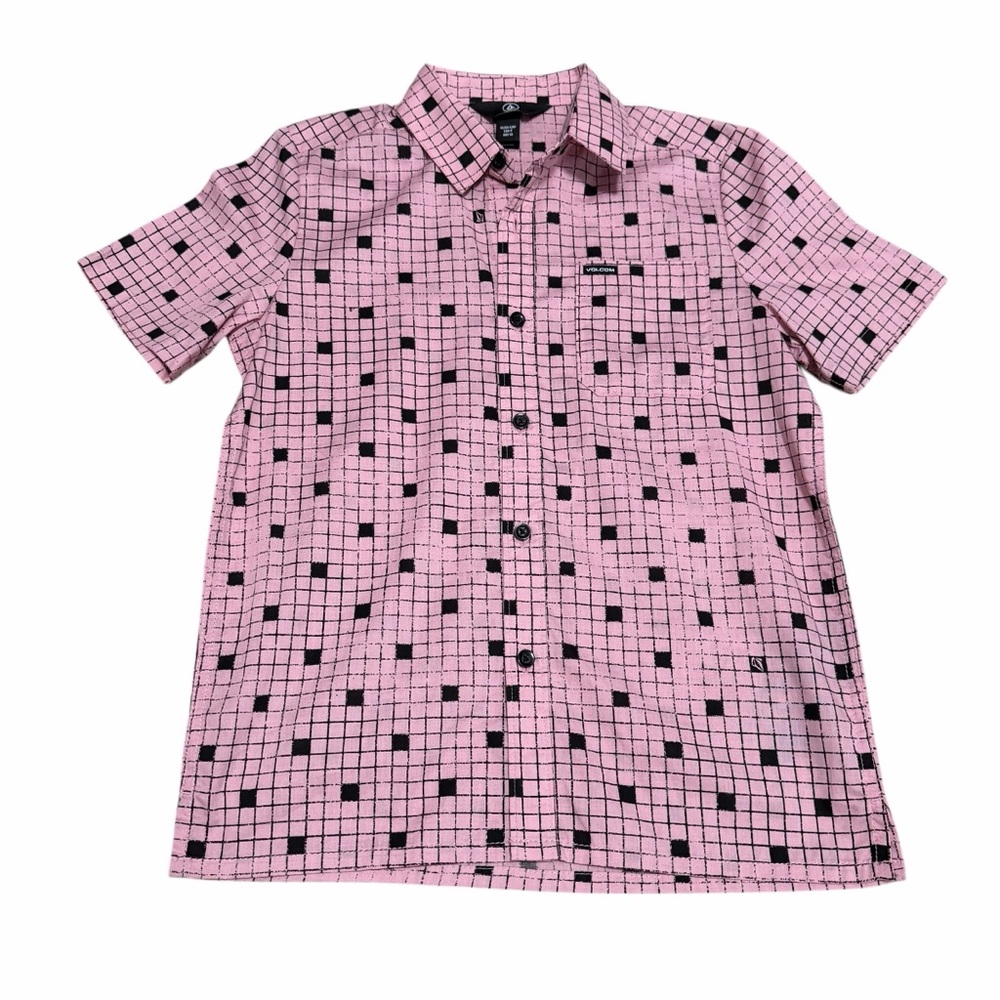 NWOT Volcom Boys Crossed Up SS Button Down | Mauve Pink/Black | Size S/8Y